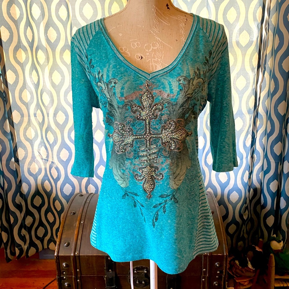 Cross Print Elbow Sleeve Turquoise Top